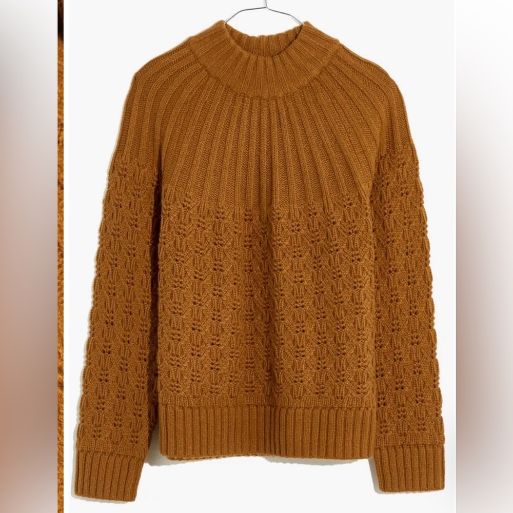 Madewell Women’s Pointelle Stitch Mix Mock Neck Sweater in Dried Cedar Brown -S - Picture 6 of 12
